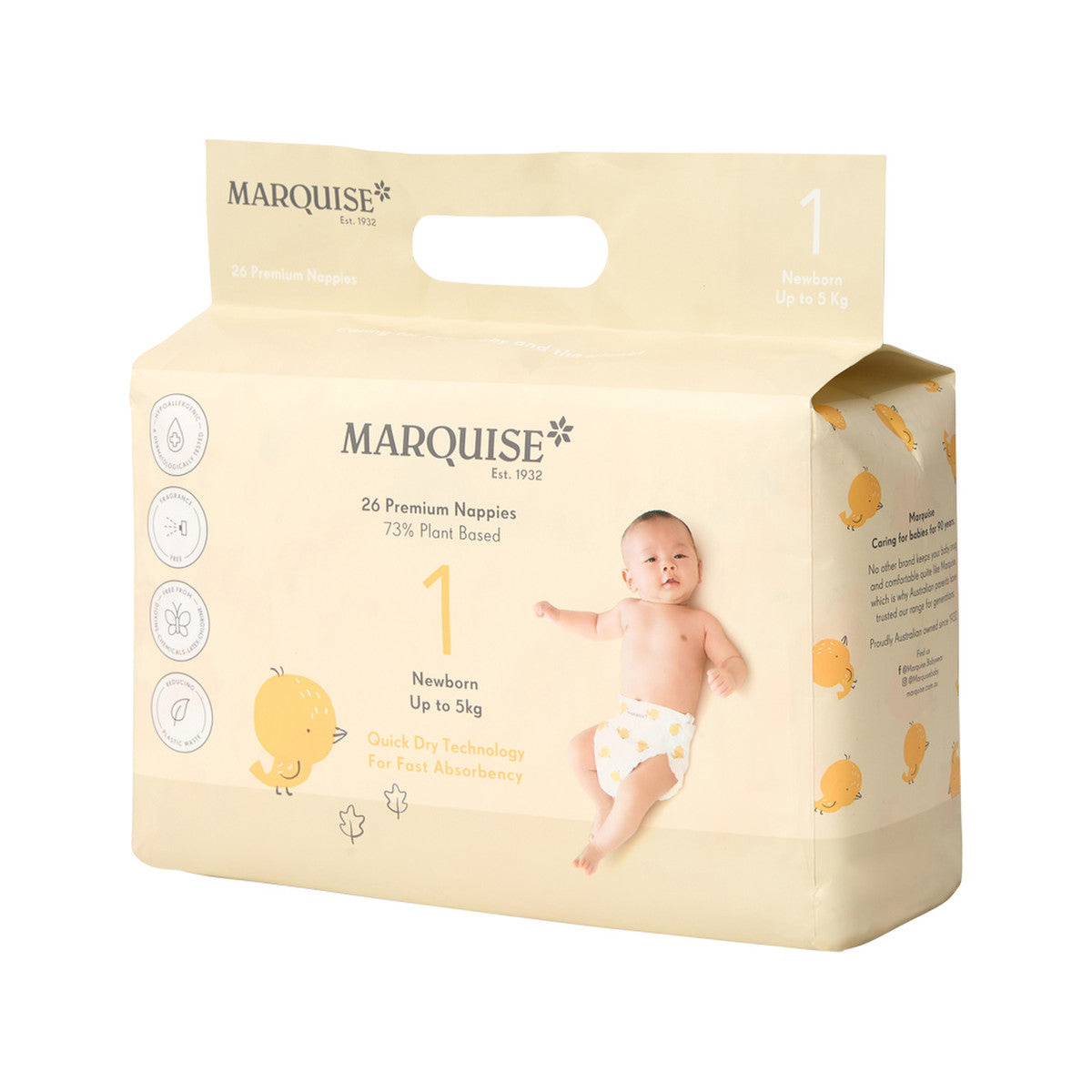 Marquise Premium Nappies 73% Plant Based Newborn Size 1 Up to 5kg x 26 Pack