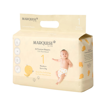 Marquise Premium Nappies 73% Plant Based Newborn Size 1 Up to 5kg x 26 Pack