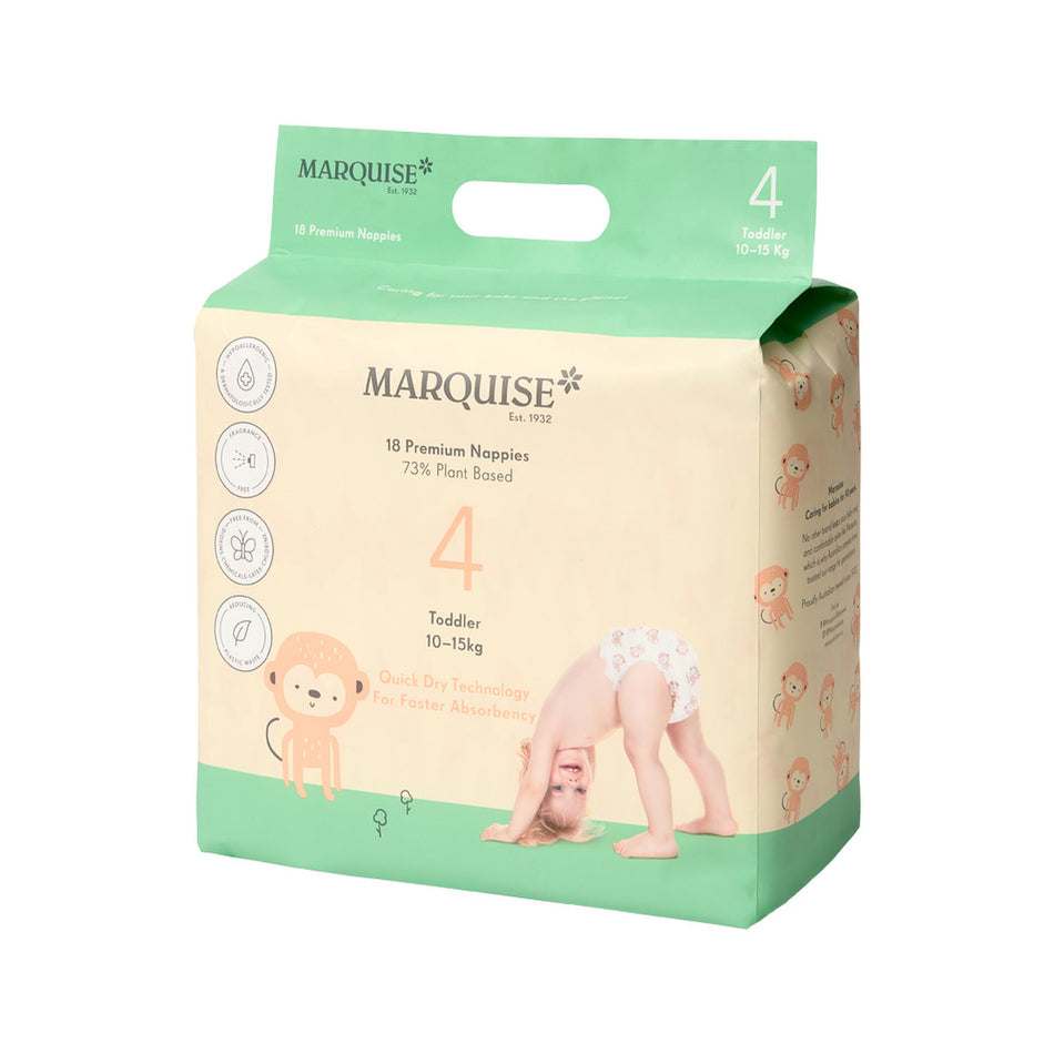 Marquise Premium Nappies 73% Plant Based Toddler Size 4 10-15kg x 18 Pack