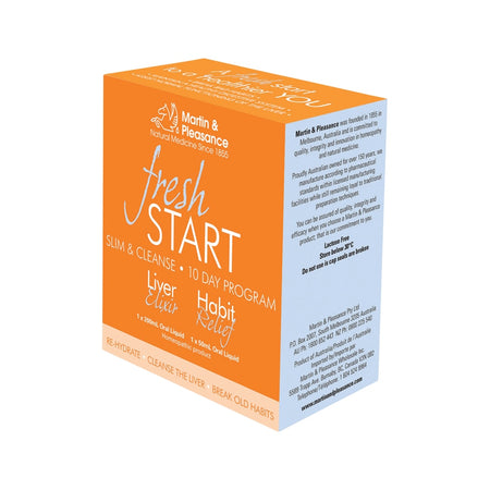 Martin & Pleasance Fresh Start Slim & Cleanse 10 Day Program Pack contains: 1 each of Liver Elixir, Habit Relief, measuring cup & booklet