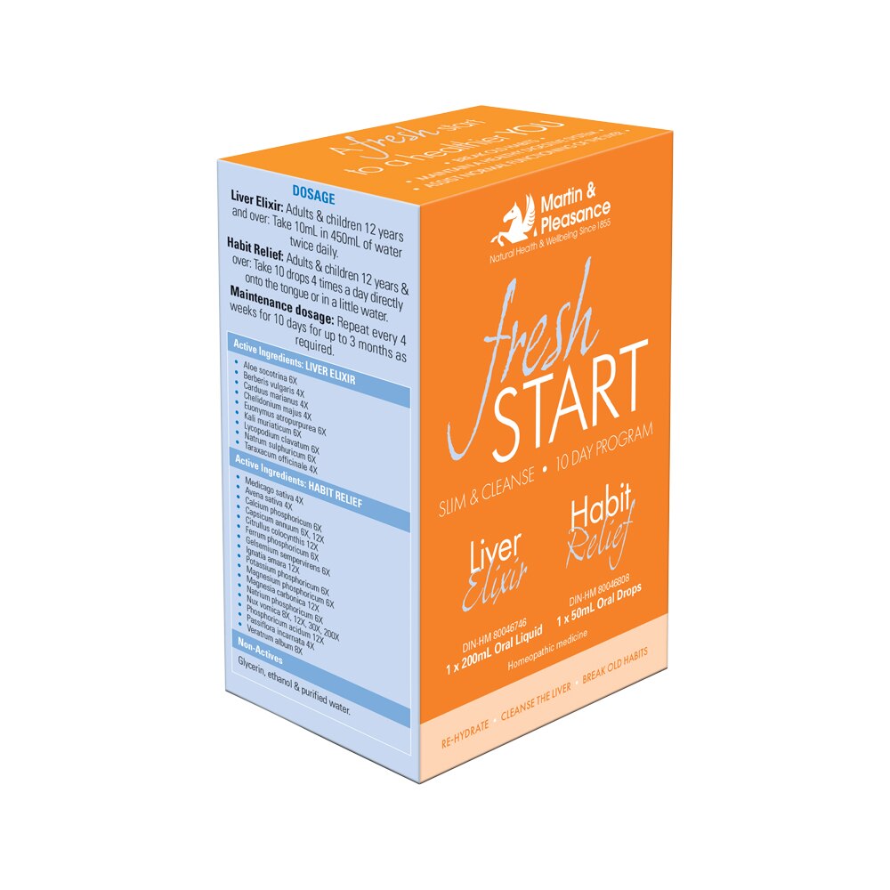 Martin & Pleasance Fresh Start Slim & Cleanse 10 Day Program Pack contains: 1 each of Liver Elixir, Habit Relief, measuring cup & booklet