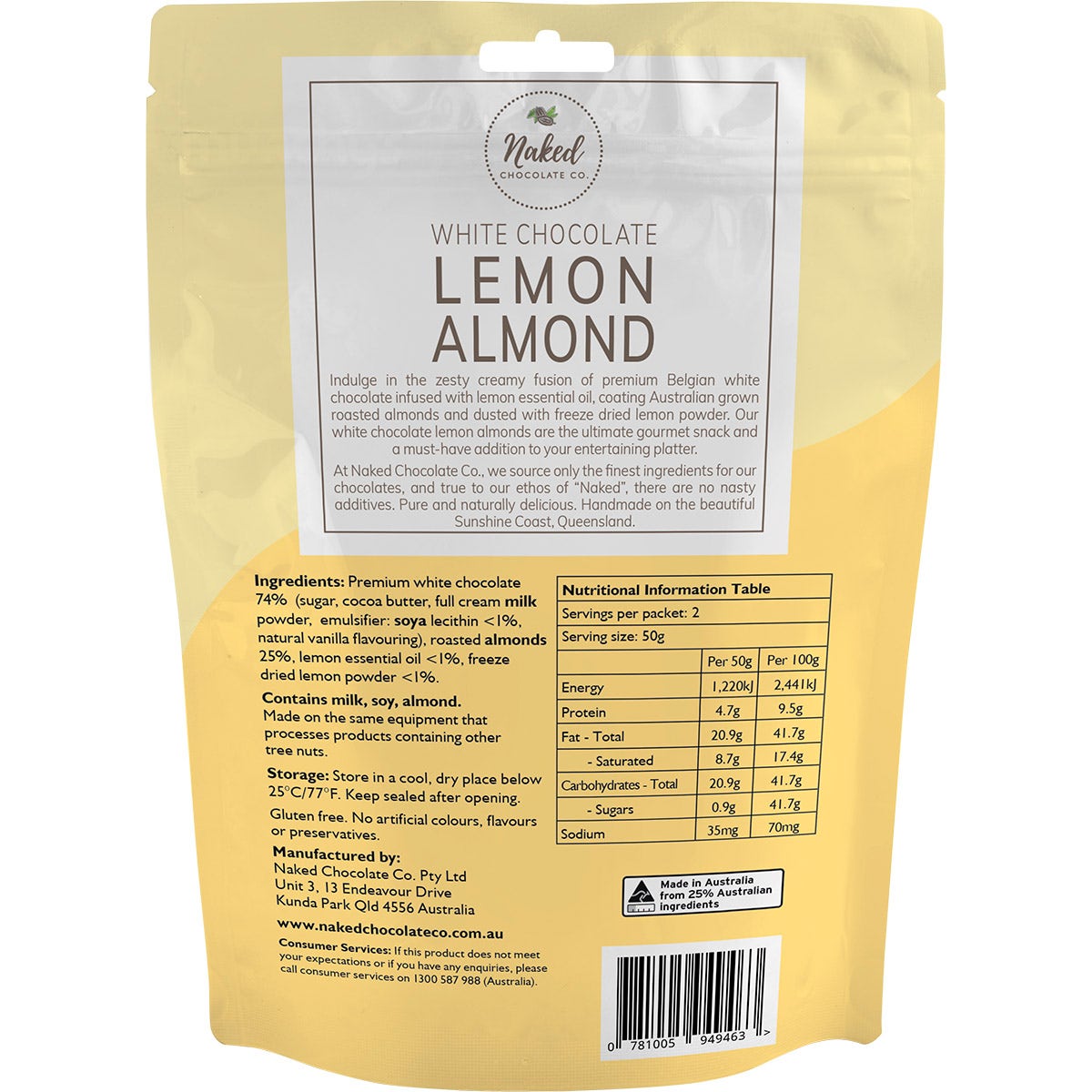 NAKED CHOCOLATE CO Lemon Almond White Chocolate 100g