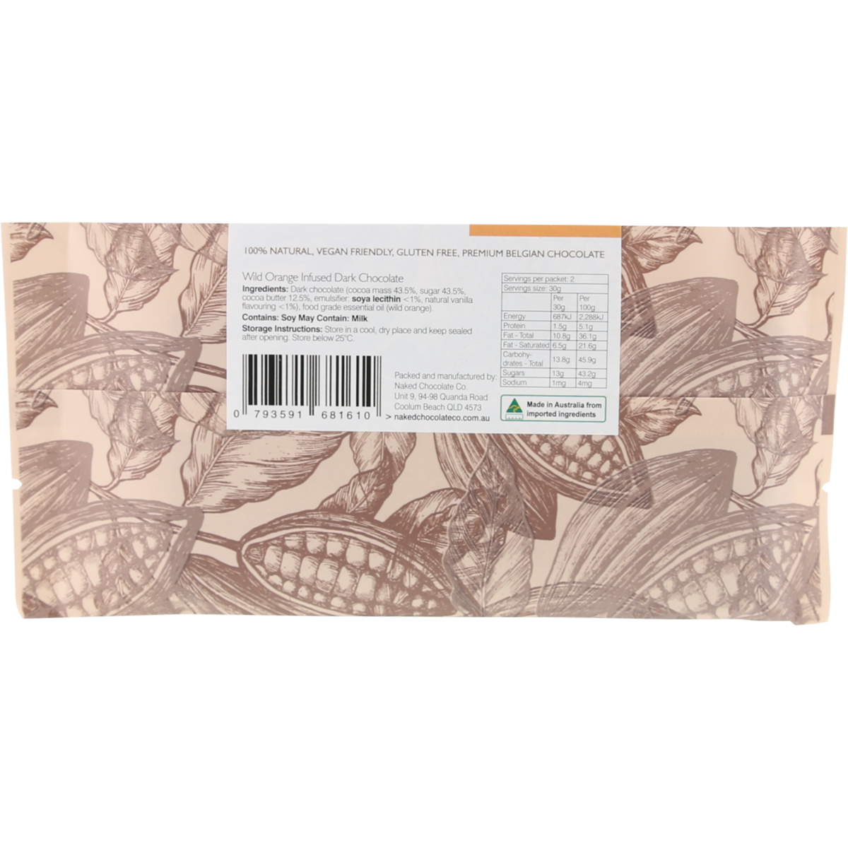 Naked Chocolate Co Dark Chocolate Bar Wild Orange 60g x 16 Pack