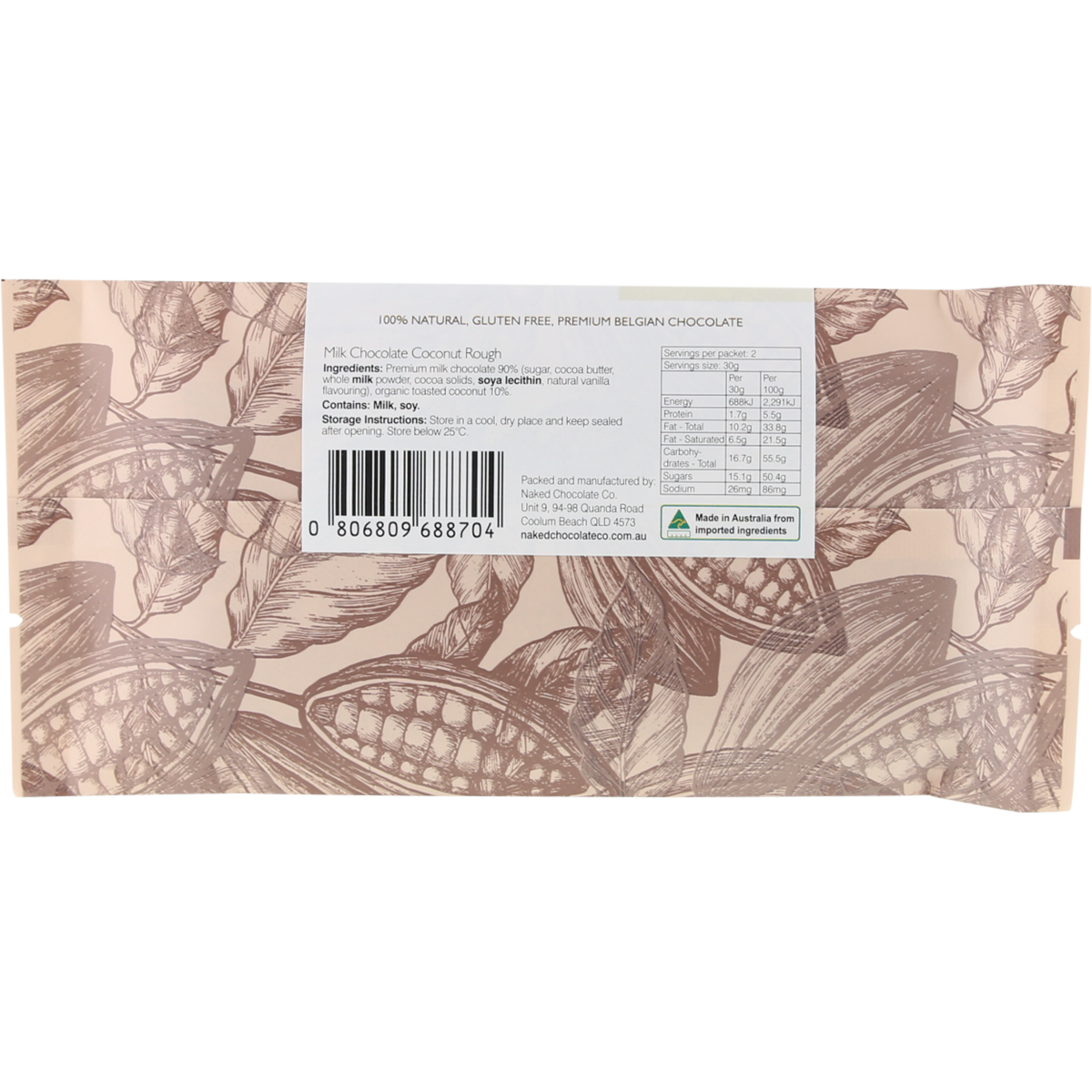 Naked Chocolate Co Milk Chocolate Bar Coconut Rough 60g x 12 Pack