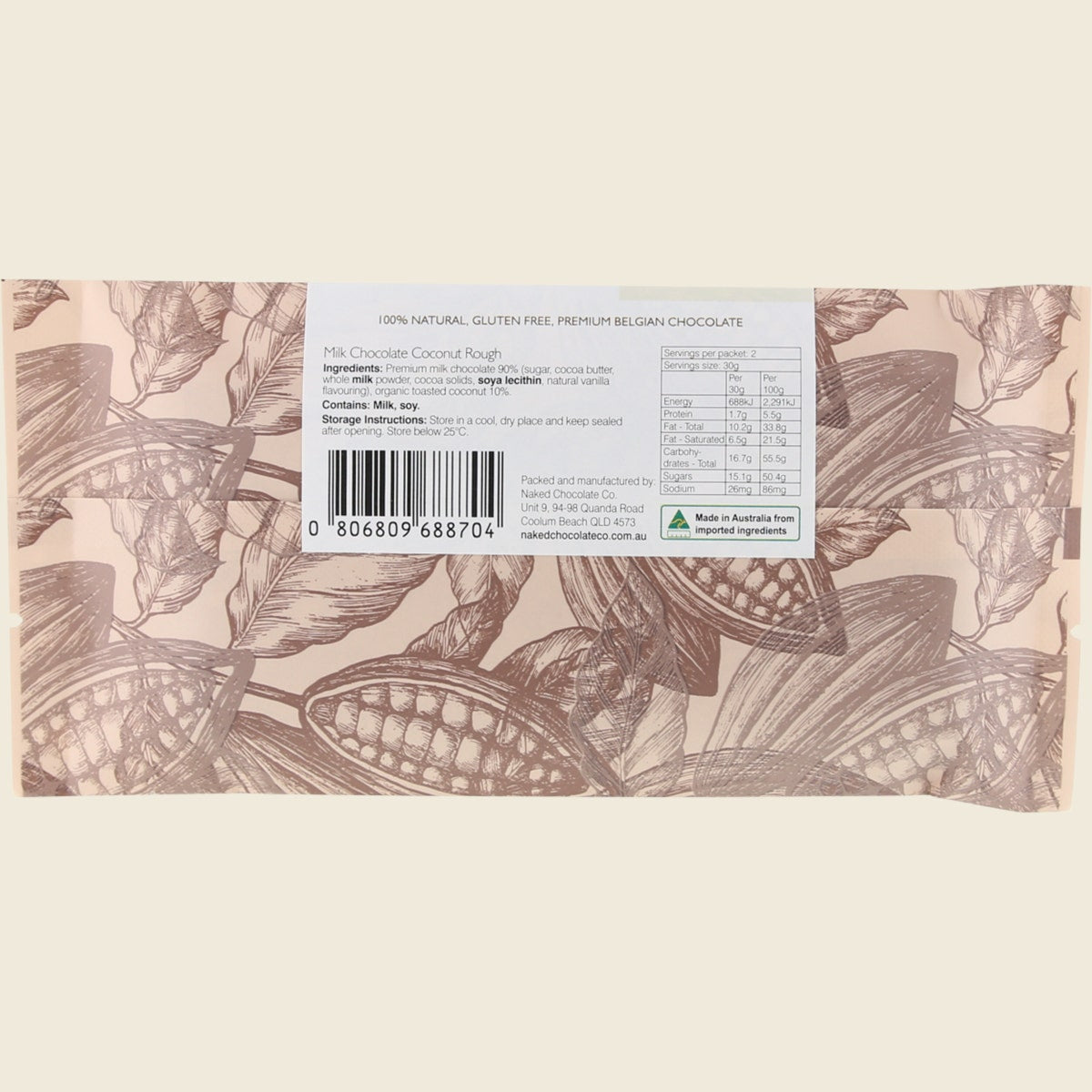 Naked Chocolate Co Milk Chocolate Bar Coconut Rough 12x60g