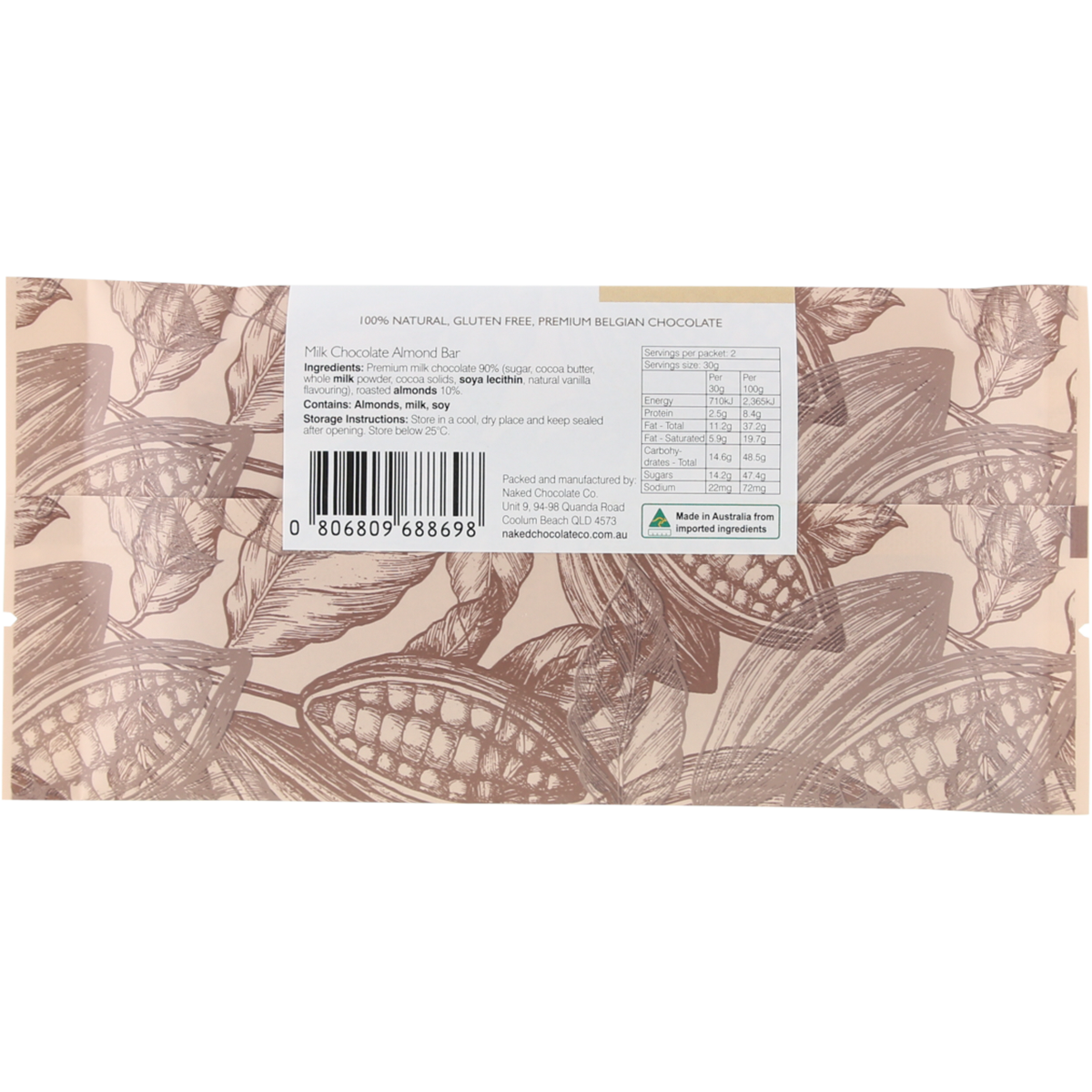Naked Chocolate Co Milk Chocolate Bar Almond 60g x 12 Pack