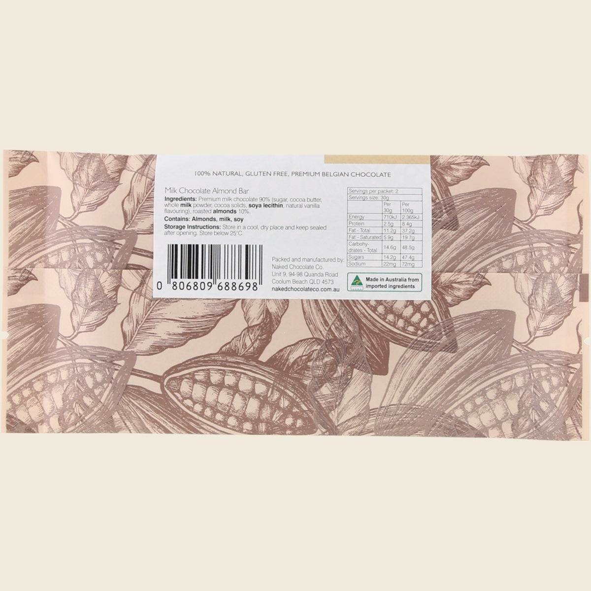 Naked Chocolate Co Milk Chocolate Bar Almond 12x60g