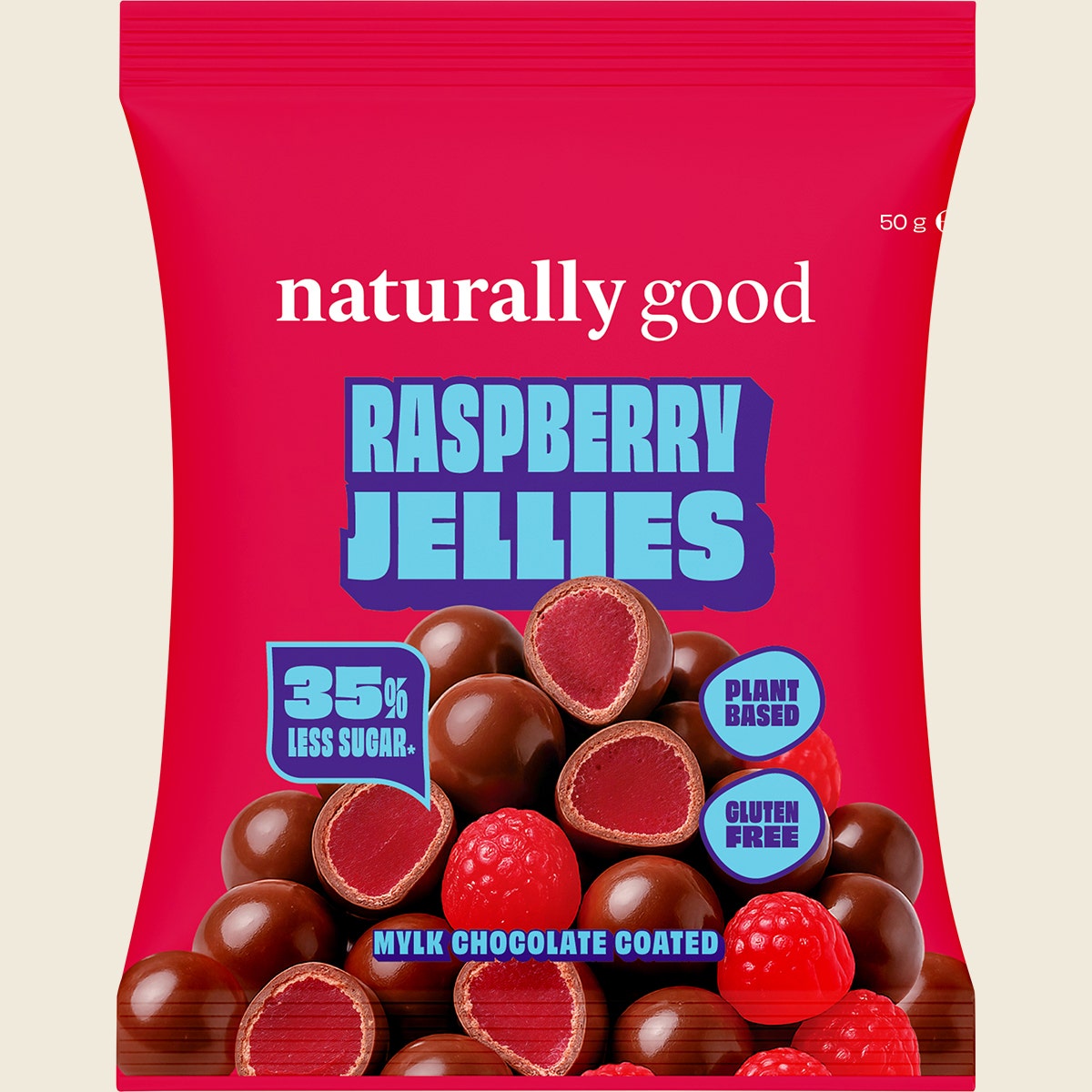 Naturally Good Mylk Choc Coated Raspberry Jellies 35% less sugar 10x50g