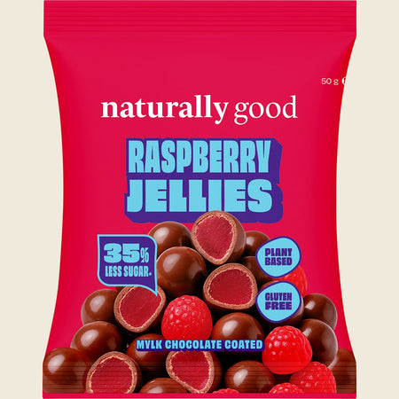 Naturally Good Mylk Choc Coated Raspberry Jellies 35% less sugar 10x50g