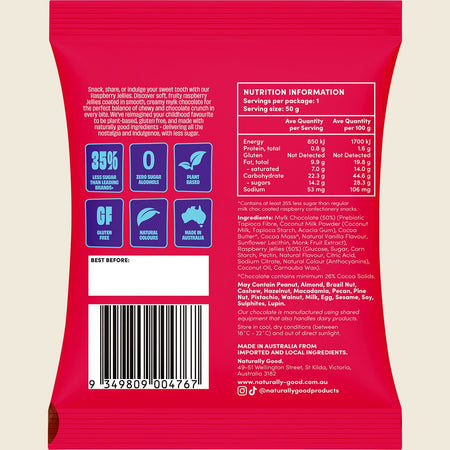 Naturally Good Mylk Choc Coated Raspberry Jellies 35% less sugar 10x50g