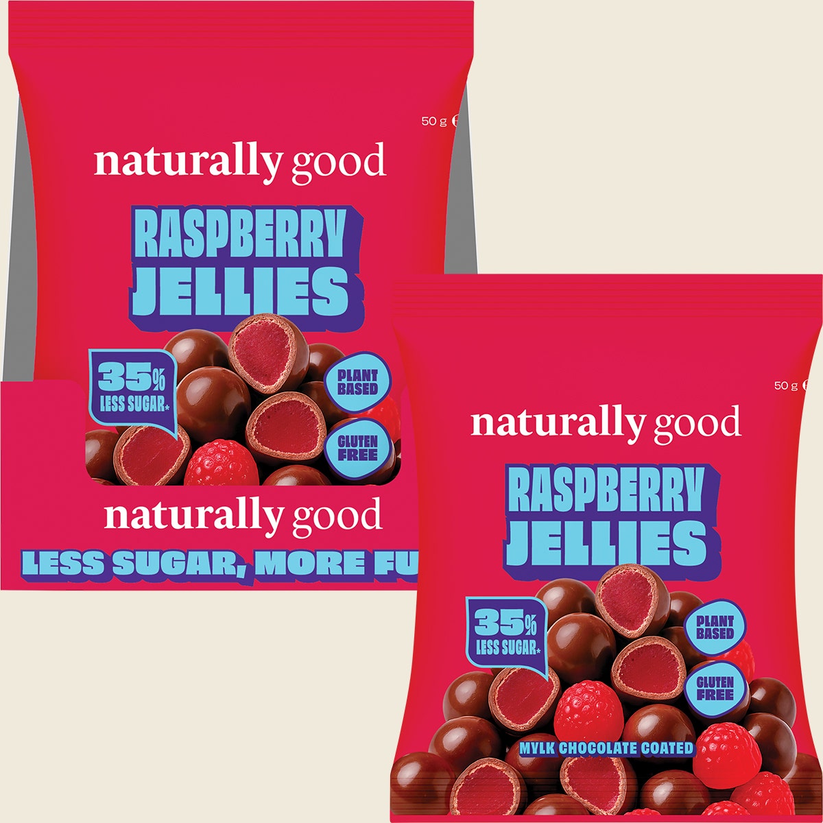 Naturally Good Mylk Choc Coated Raspberry Jellies 35% less sugar 10x50g