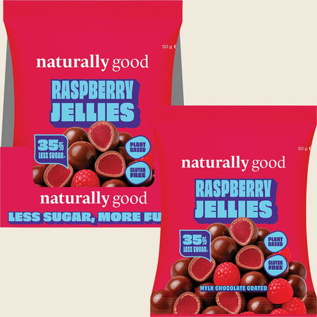 Naturally Good Mylk Choc Coated Raspberry Jellies 35% less sugar 10x50g