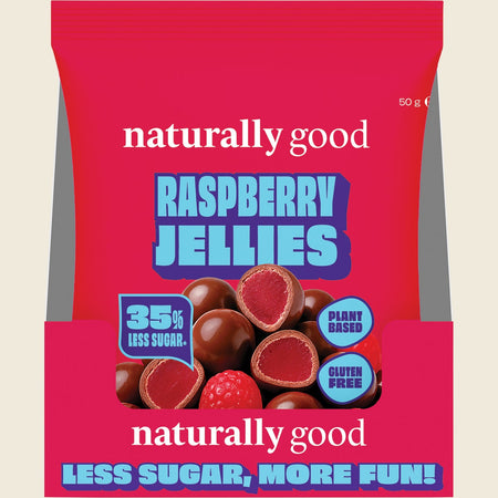 Naturally Good Mylk Choc Coated Raspberry Jellies 35% less sugar 10x50g