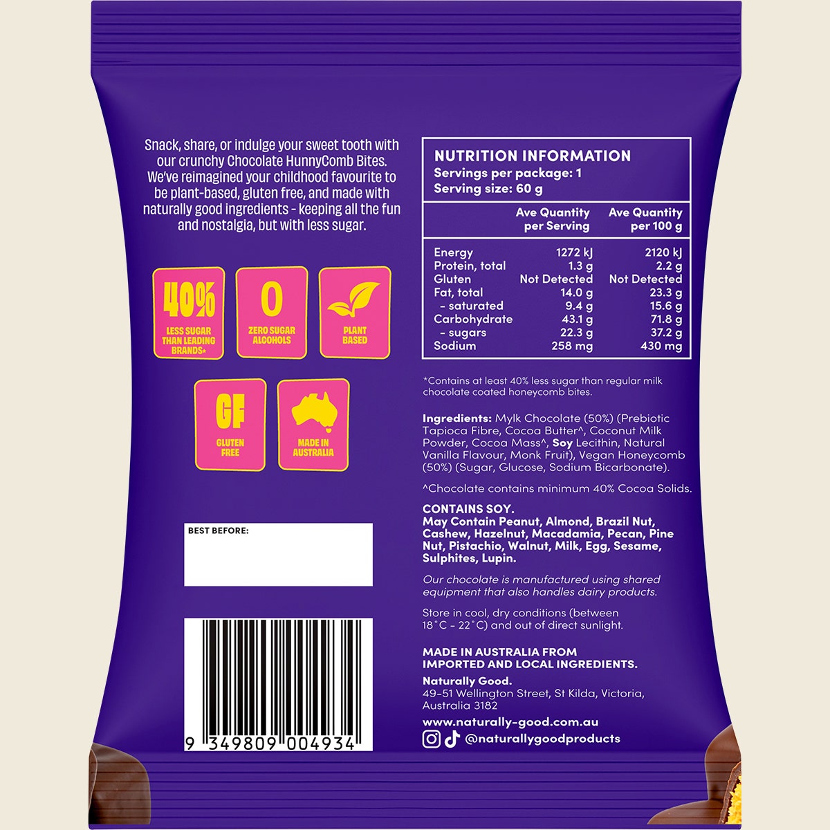 Naturally Good Choc Hunnycomb Bites 40% less sugar 10x60g
