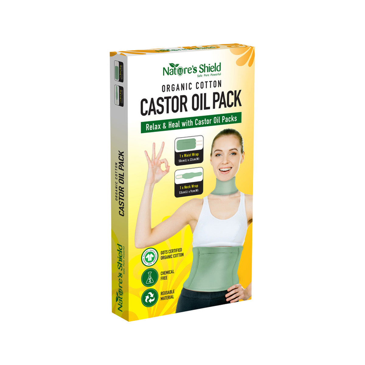 Nature's Shield Organic Cotton Castor Oil Pack Waist Wrap 50cm x 22cm + Neck Wrap 53cm x 9cm