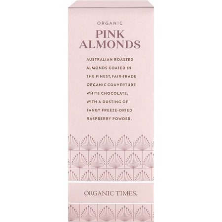 ORGANIC TIMES Pink Raspberry Dusted White Choc Almonds 130g