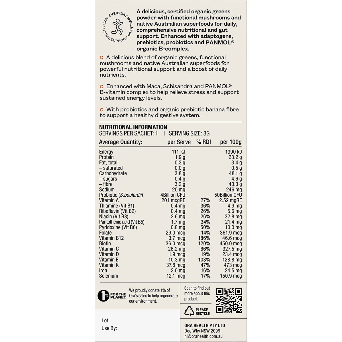 Ora Health Organic Greens Superpowder+ Daily Sachets 7x8g