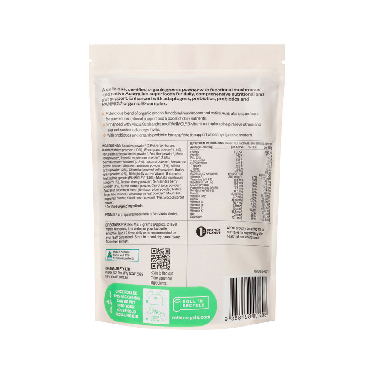 Ora Organic Greens Superpowder+ Oral Powder 480g