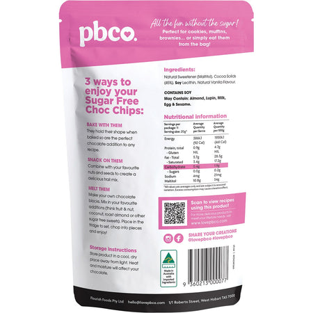 PBCO Chocolate Chips 98% Sugar Free 220g