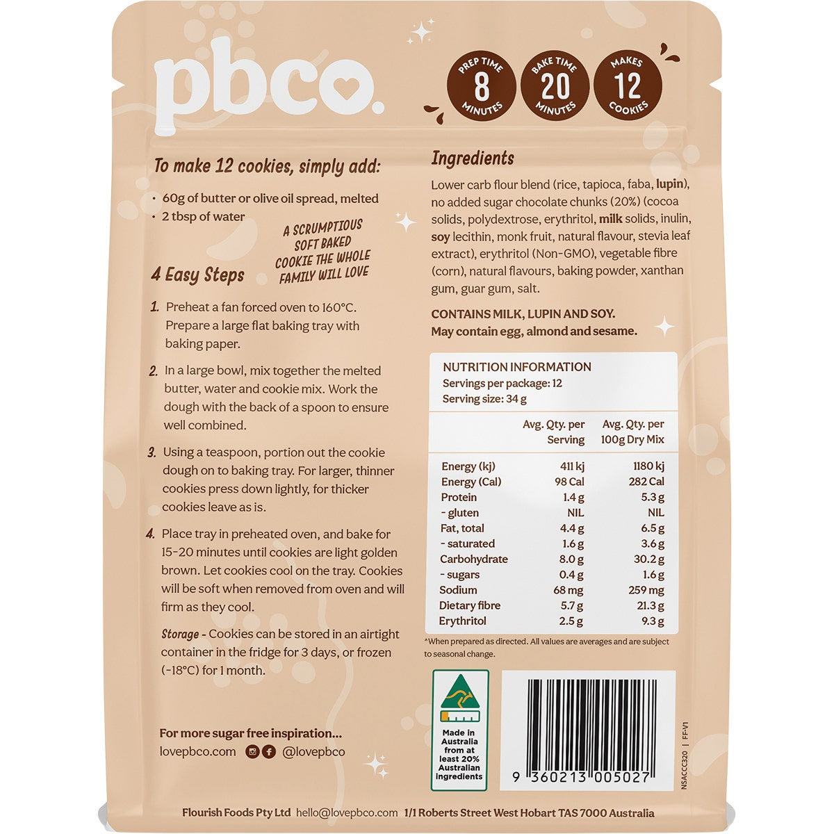 PBCO Chunky Choc Chip Cookie Mix No Sugar Added 320g