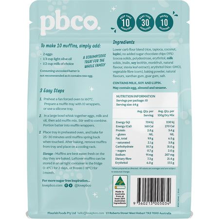 PBCO Choc Chip Muffin Mix No Sugar Added 340g