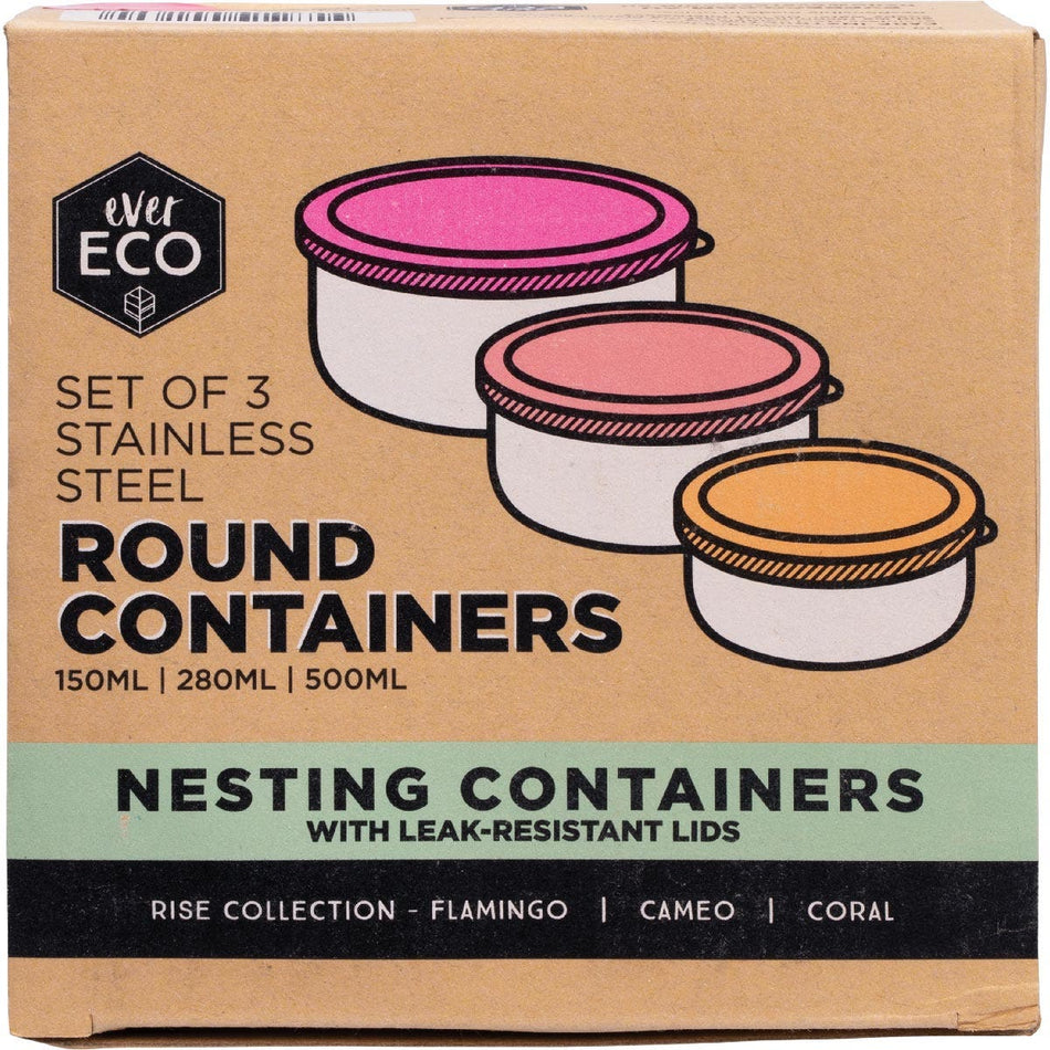 EVER ECO Stainless Steel Round Containers Rise Leak Resistant 3pk