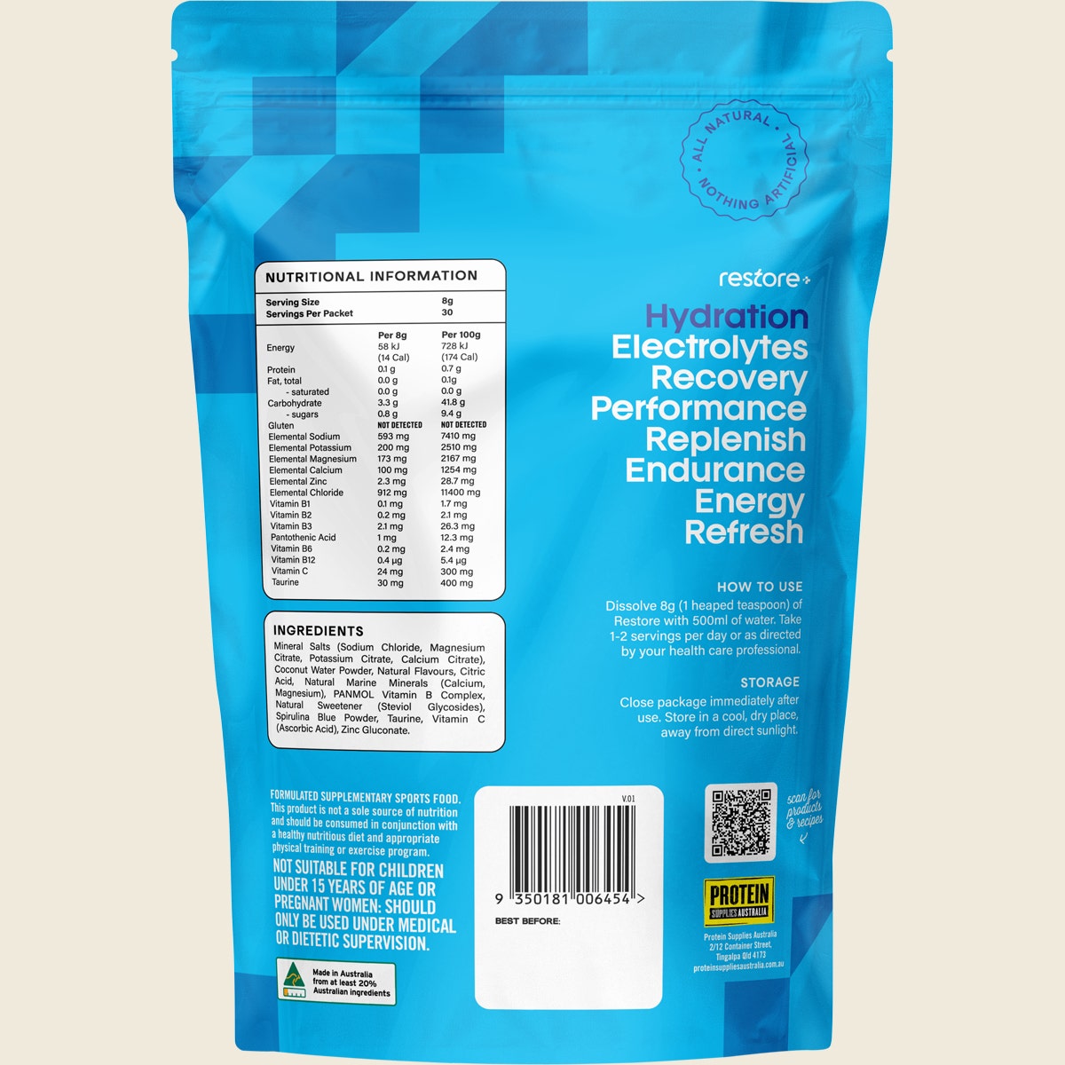 Protein Supplies Australia Restore Electrolyte Drink Mix Blue Raspberry 240g