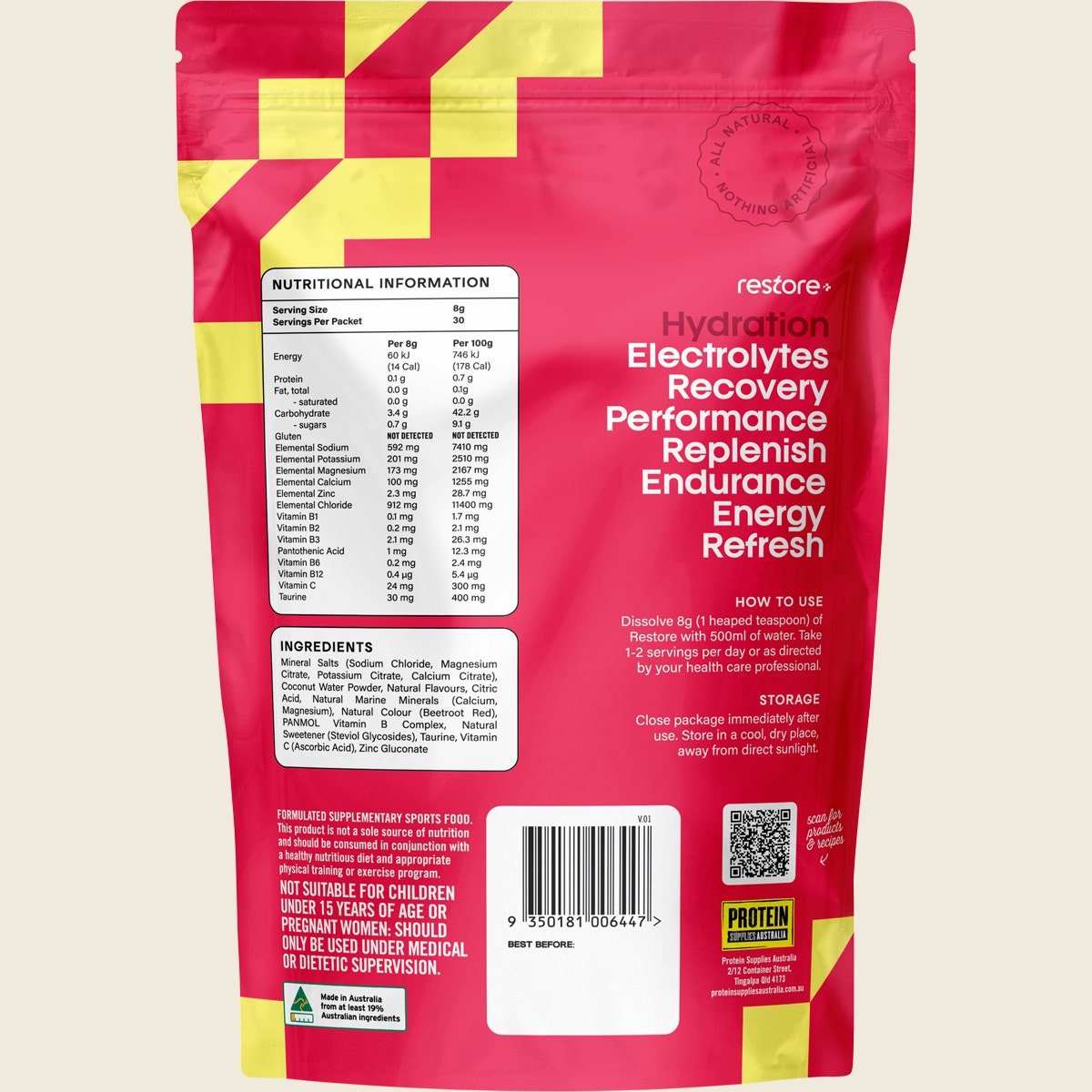 Protein Supplies Australia Restore Electrolyte Drink Mix Raspberry Lemonade 240g