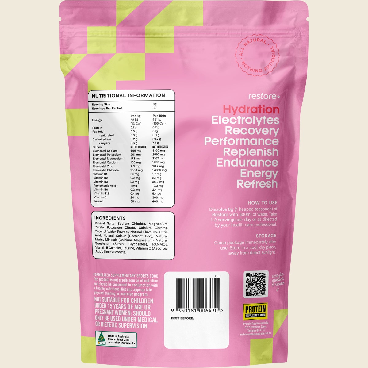Protein Supplies Australia Restore Electrolyte Drink Mix Strawberry & Lime 240g