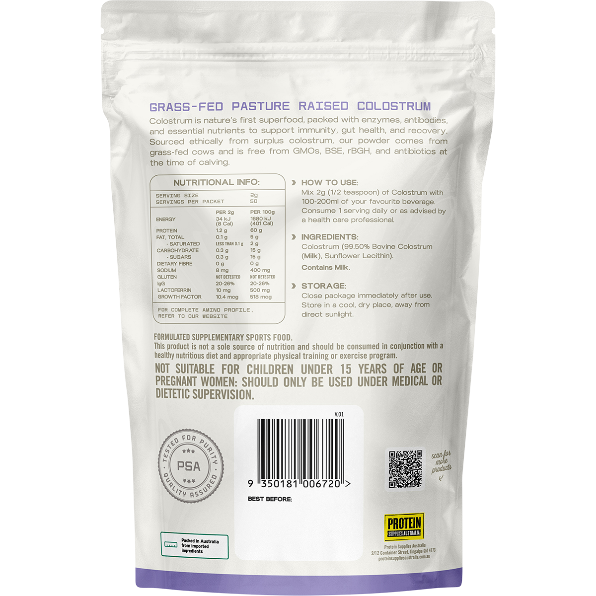 Protein Supplies Australia Unflavoured Grass Fed Colostrum 100g