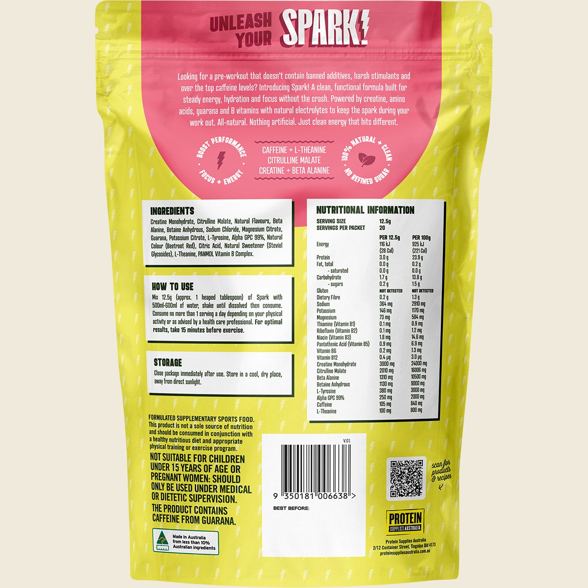 Protein Supplies Australia Spark Pre Workout Strawberry Lime 250g
