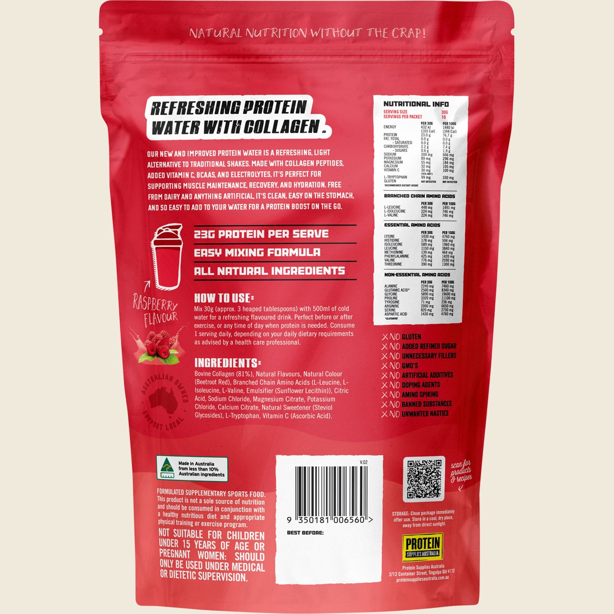 Protein Supplies Australia Protein Water with Collagen & Electrolytes Raspberry 300g