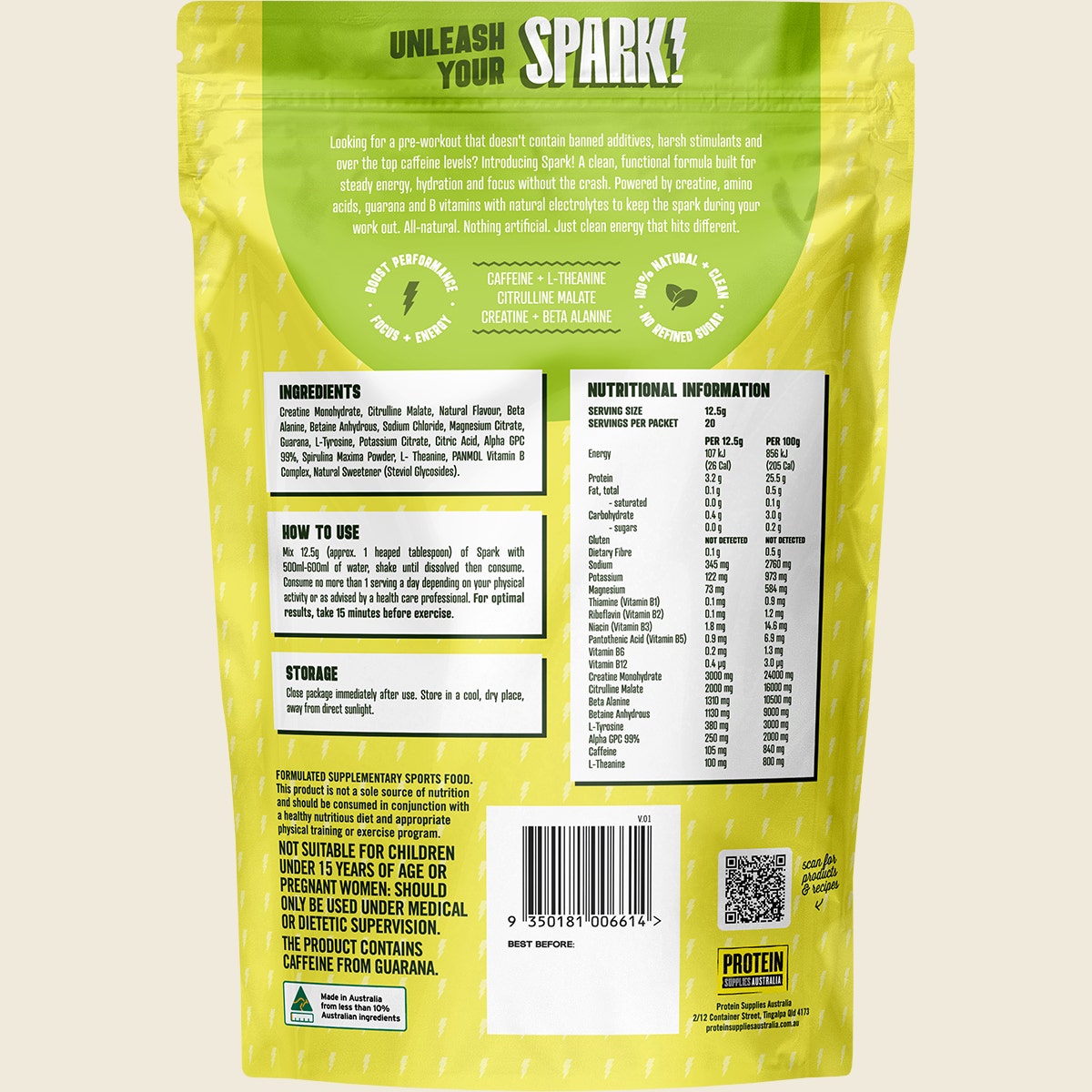 Protein Supplies Australia Spark Pre Workout Sour Apple 250g