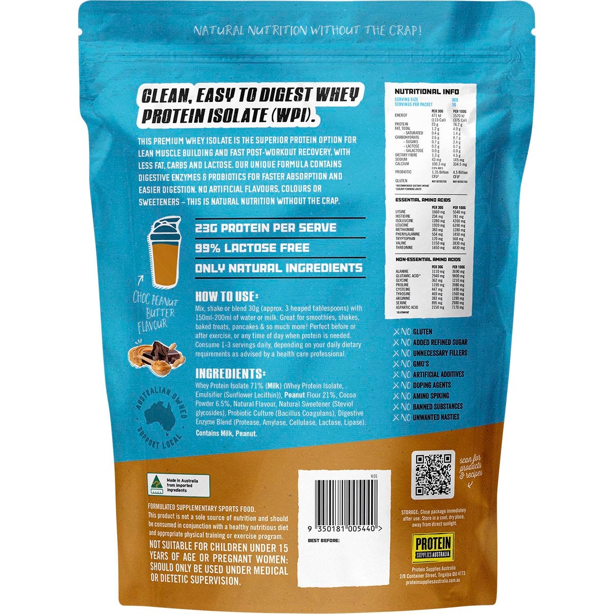 Protein Supplies Australia Wpi Whey Protein Isolate Choc Peanut Butter 500g