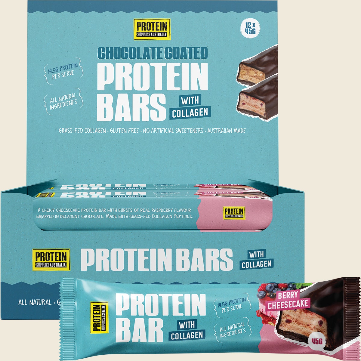 Protein Supplies Australia Protein Bar with Collagen Berry Cheesecake 12x45g