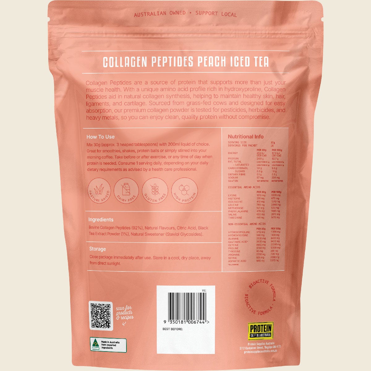 Protein Supplies Australia Collagen Peptides Peach Iced Tea 500g