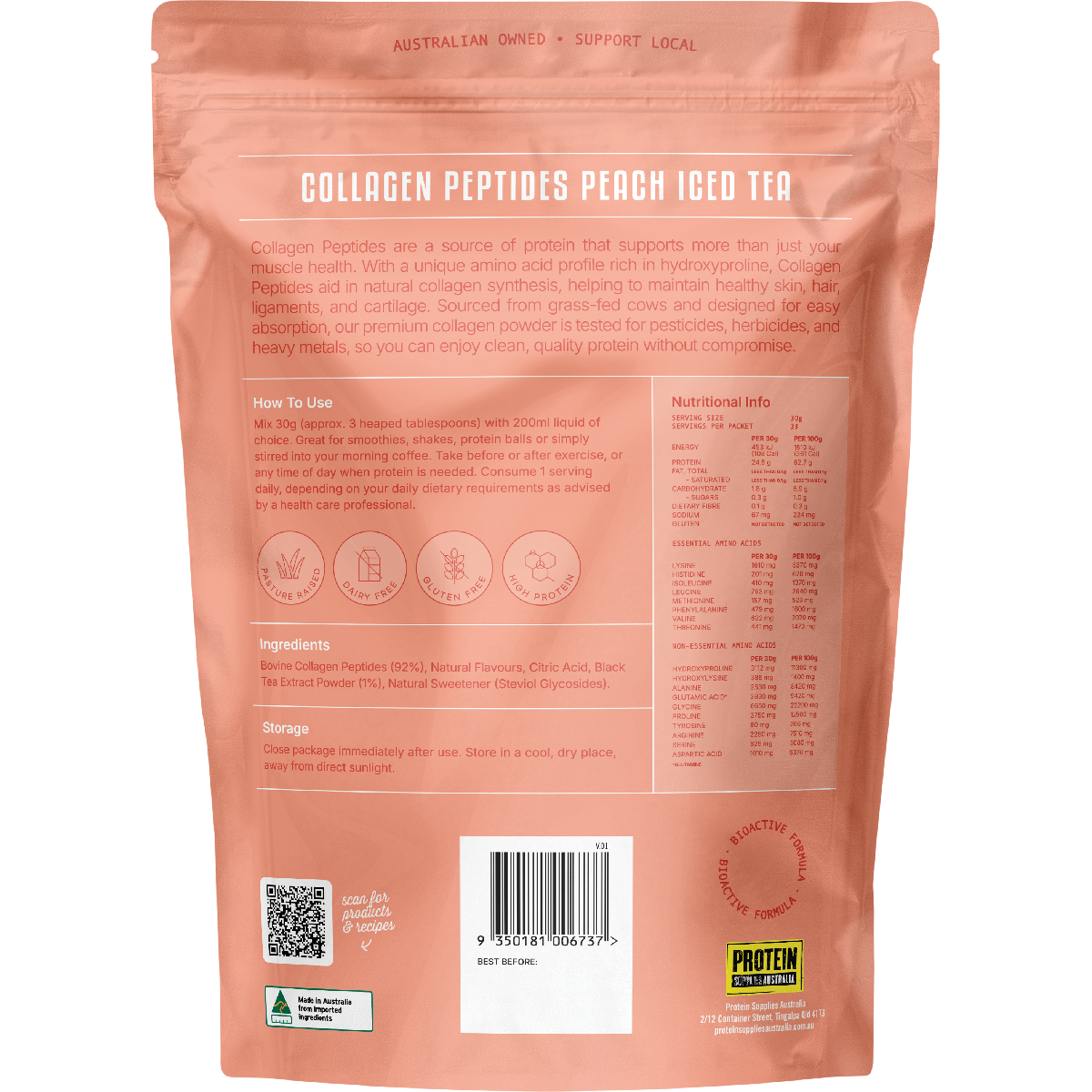 Protein Supplies Australia Collagen Peptides Peach Iced Tea 1kg