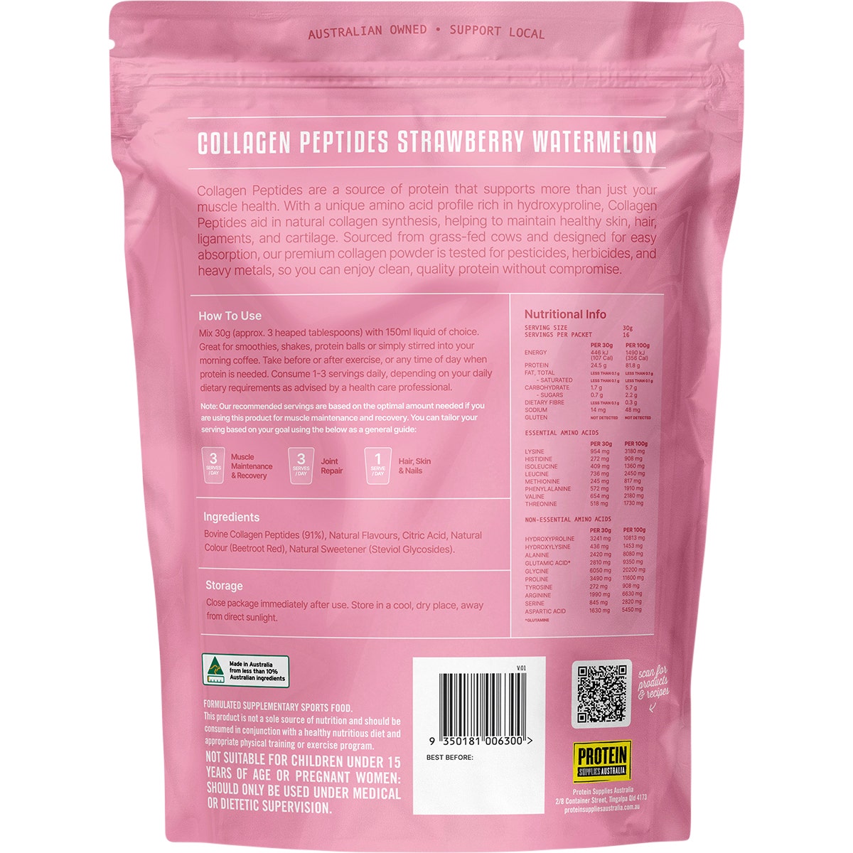Protein Supplies Australia Grass Fed Collagen Strawberry Watermelon 500g