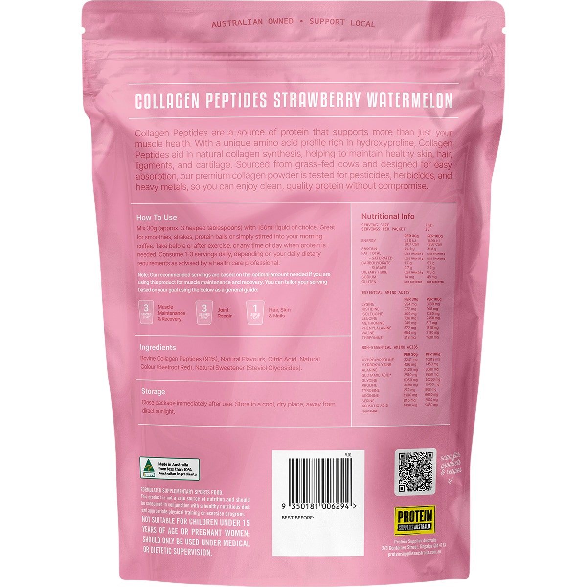 Protein Supplies Australia Grass Fed Collagen Strawberry Watermelon 1kg
