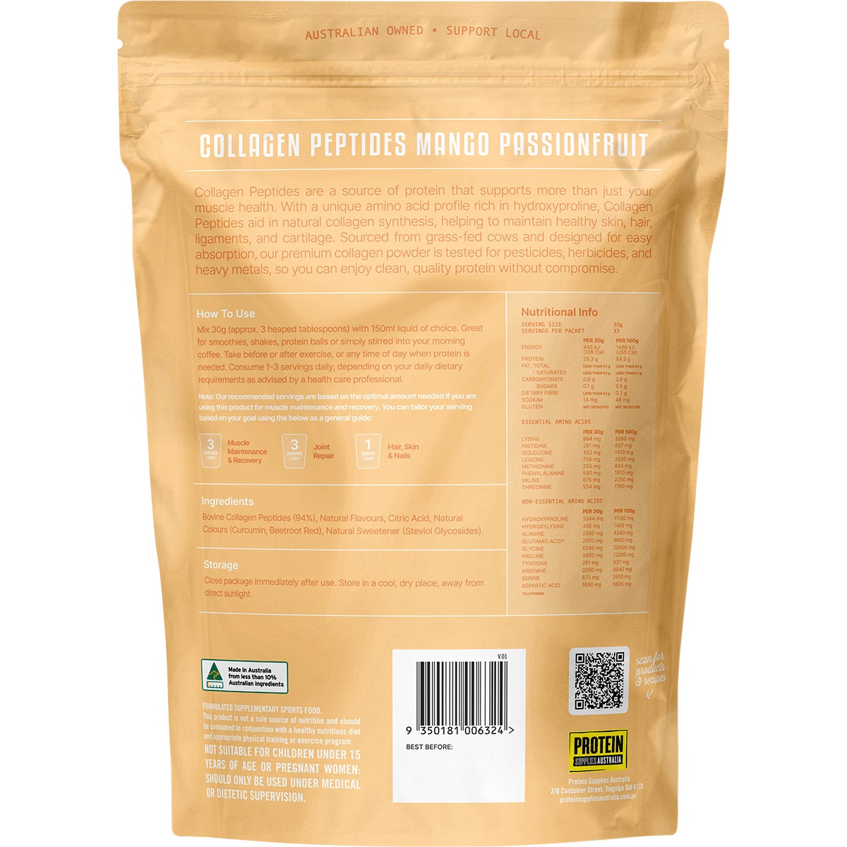 Protein Supplies Australia Grass Fed Collagen Mango Passionfruit 1kg