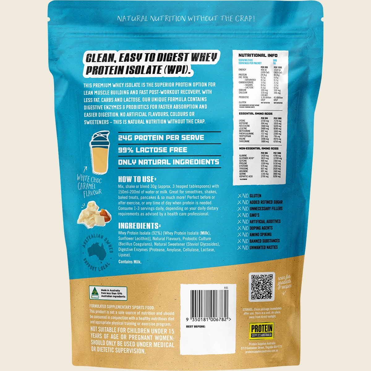 Protein Supplies Australia WPI Whey Protein Isolate White Choc Caramel 500g