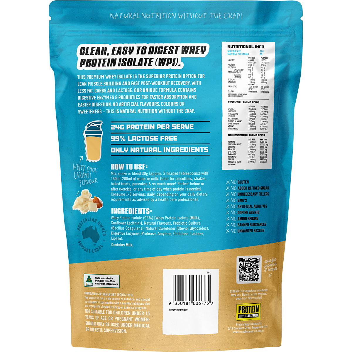 Protein Supplies Australia Whey Protein Isolate White Choc Caramel 1kg
