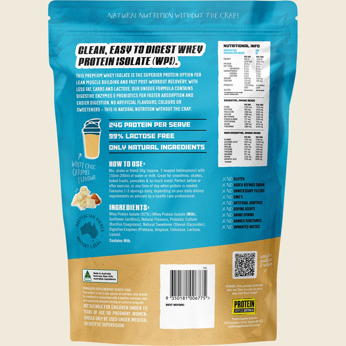 Protein Supplies Australia WPI Whey Protein Isolate White Choc Caramel 1kg