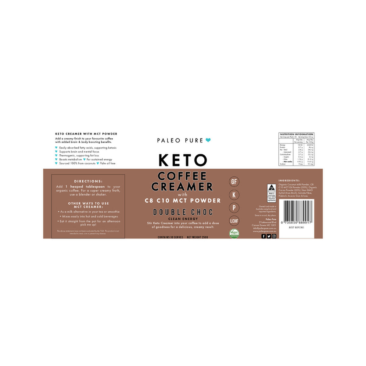 Paleo Pure Keto Coffee Creamer with C8 C10 MCT Powder Double Choc 250g