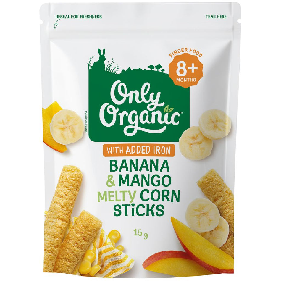 Only Organic Banana & Mango Melty Corn Sticks 8+ Months 15g Pack of 8