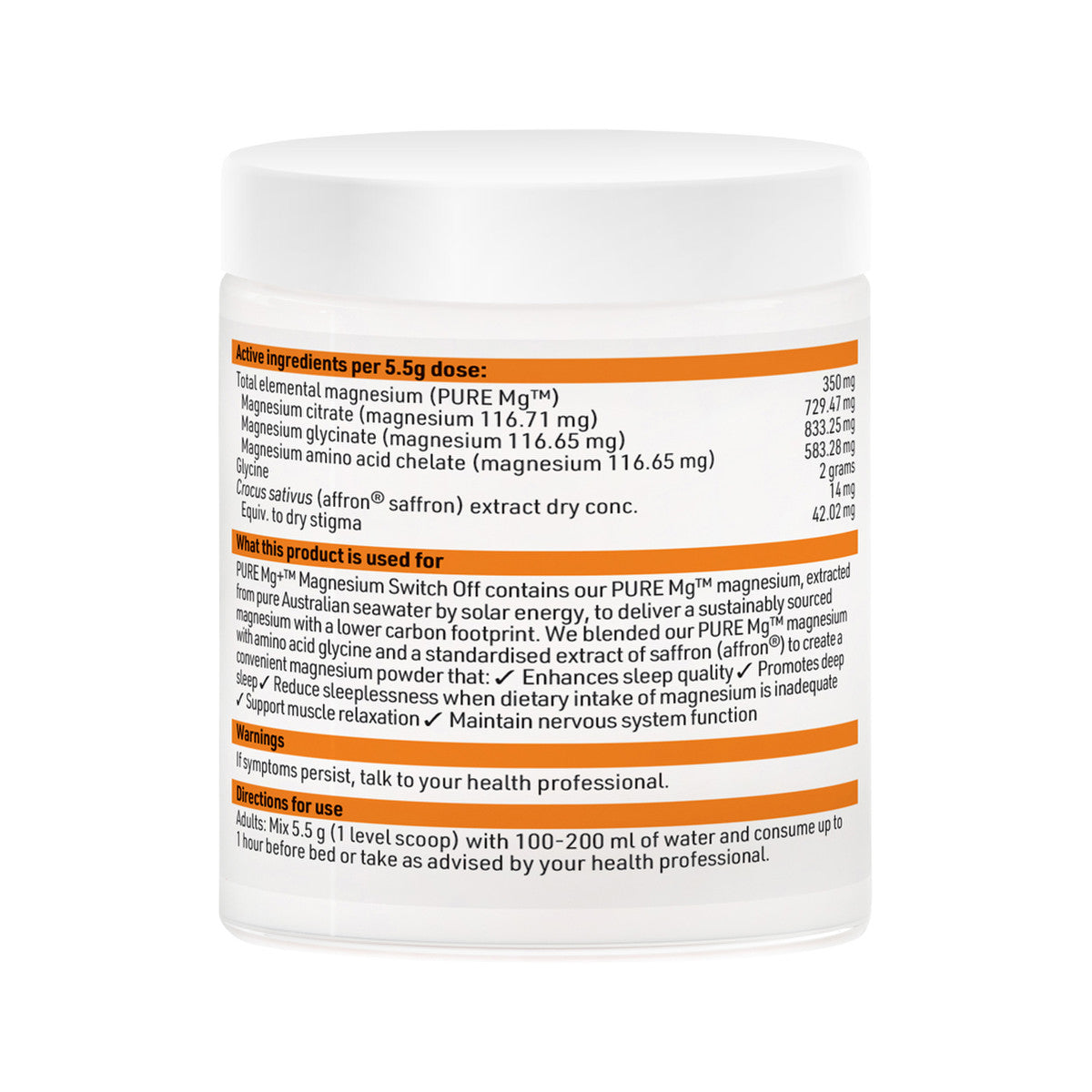 SFI Health PURE Mg+ Magnesium Switch Off Mandarin Oral Powder 330g