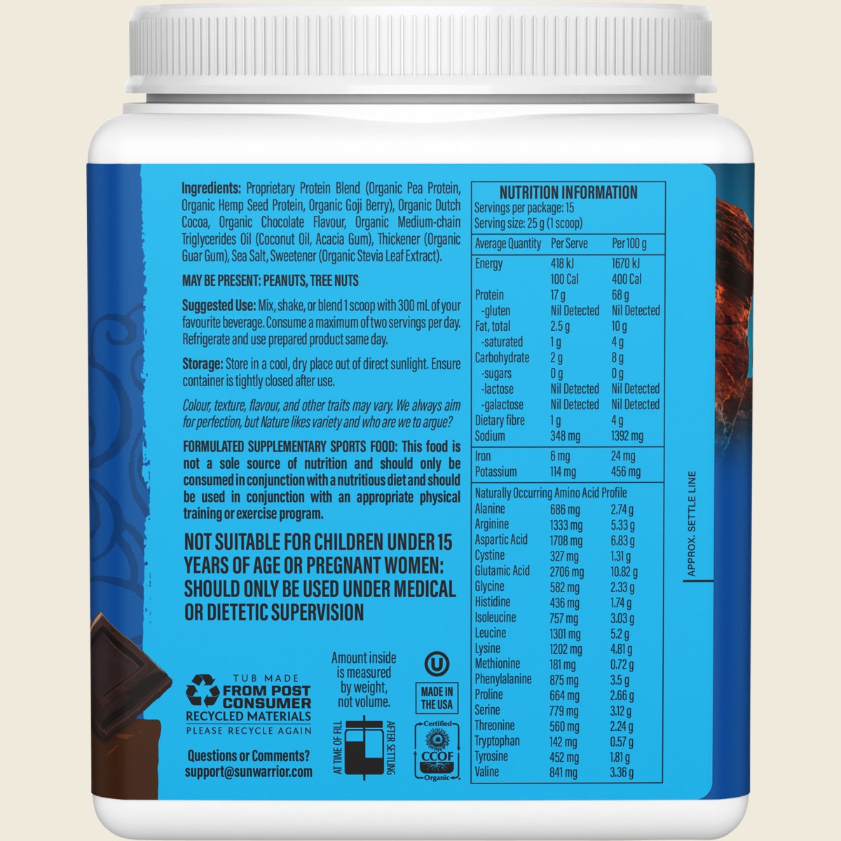 Sunwarrior Protein Powder Warrior Blend Chocolate 375g
