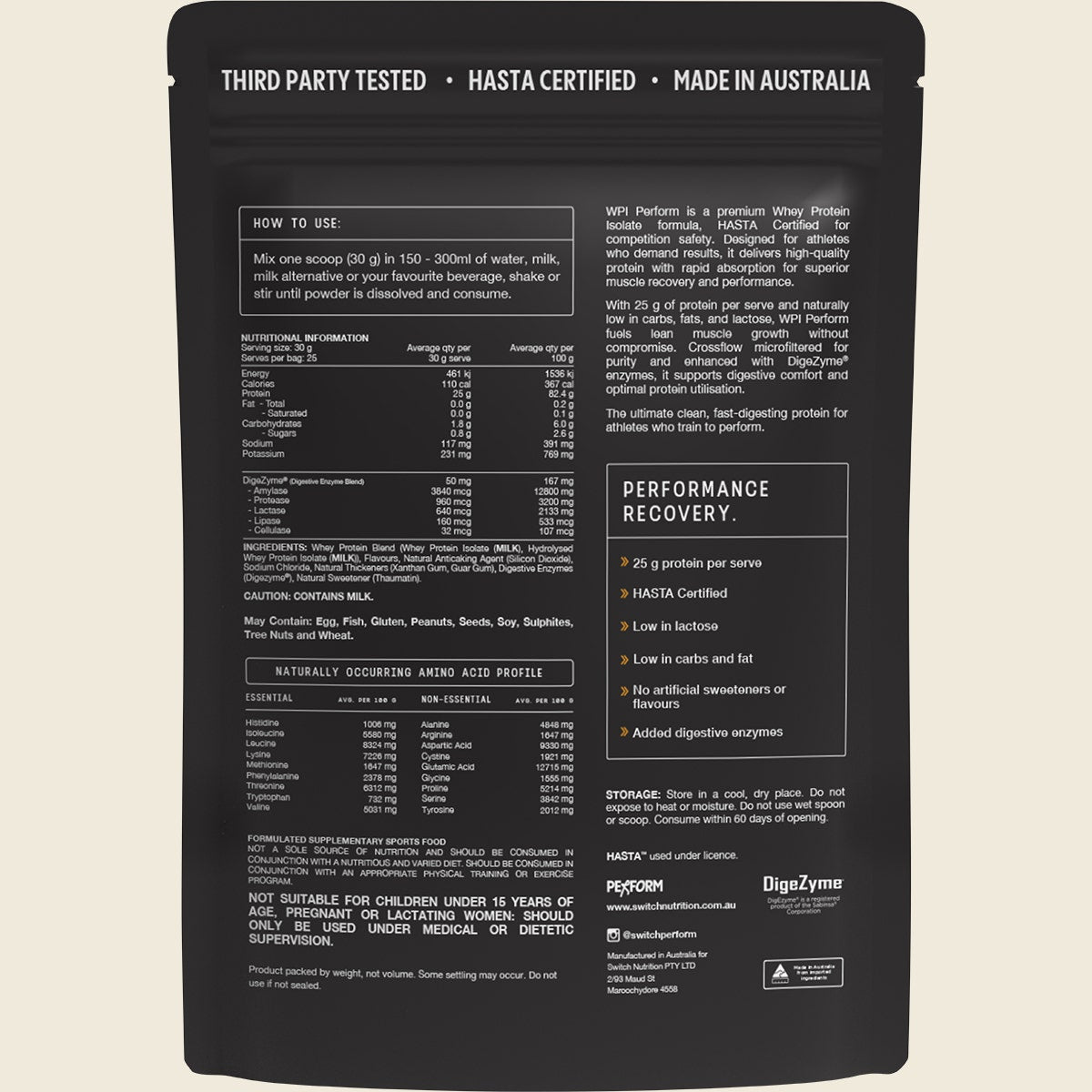Switch Nutrition Perform Whey Protein Isolate Hasta Cert Vanilla 750g