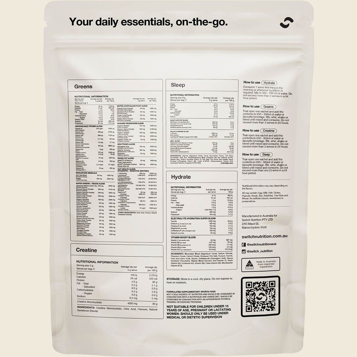Switch Nutrition Daily Essentials Sachets Hydrate Greens Creatine Sleep 12pk