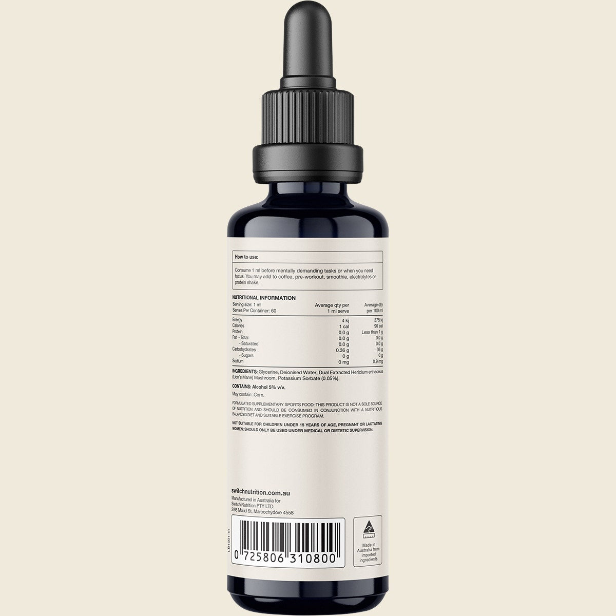 Switch Nutrition Lion's Mane Double Strength 2:1 Mushroom Liquid Extract 60ml